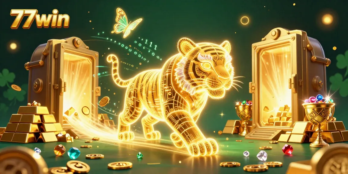 Experience the thrilling energy of 77win's digital casino landscape with a neon-wireframe golden tiger, surrounded by treasures and holographic effects.