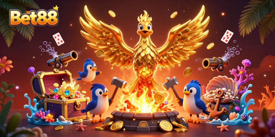 Experience the thrill of Bet88 with a golden phoenix and treasure in a vibrant casino scene.
