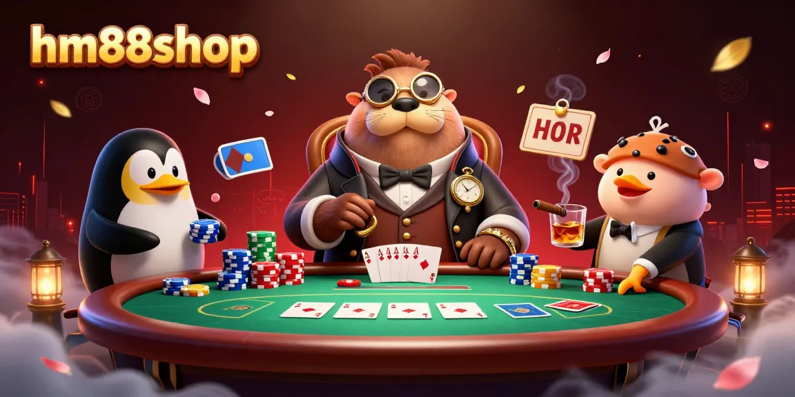 hm88shop showcases thrilling underwater poker, featuring a walrus player, penguin dealer, and bluffing pufferfish.