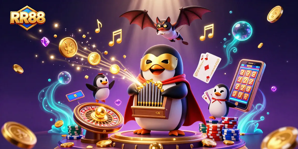 Experience RR88's casino thrills with a vibrant scene of golden coins and a whimsical penguin.